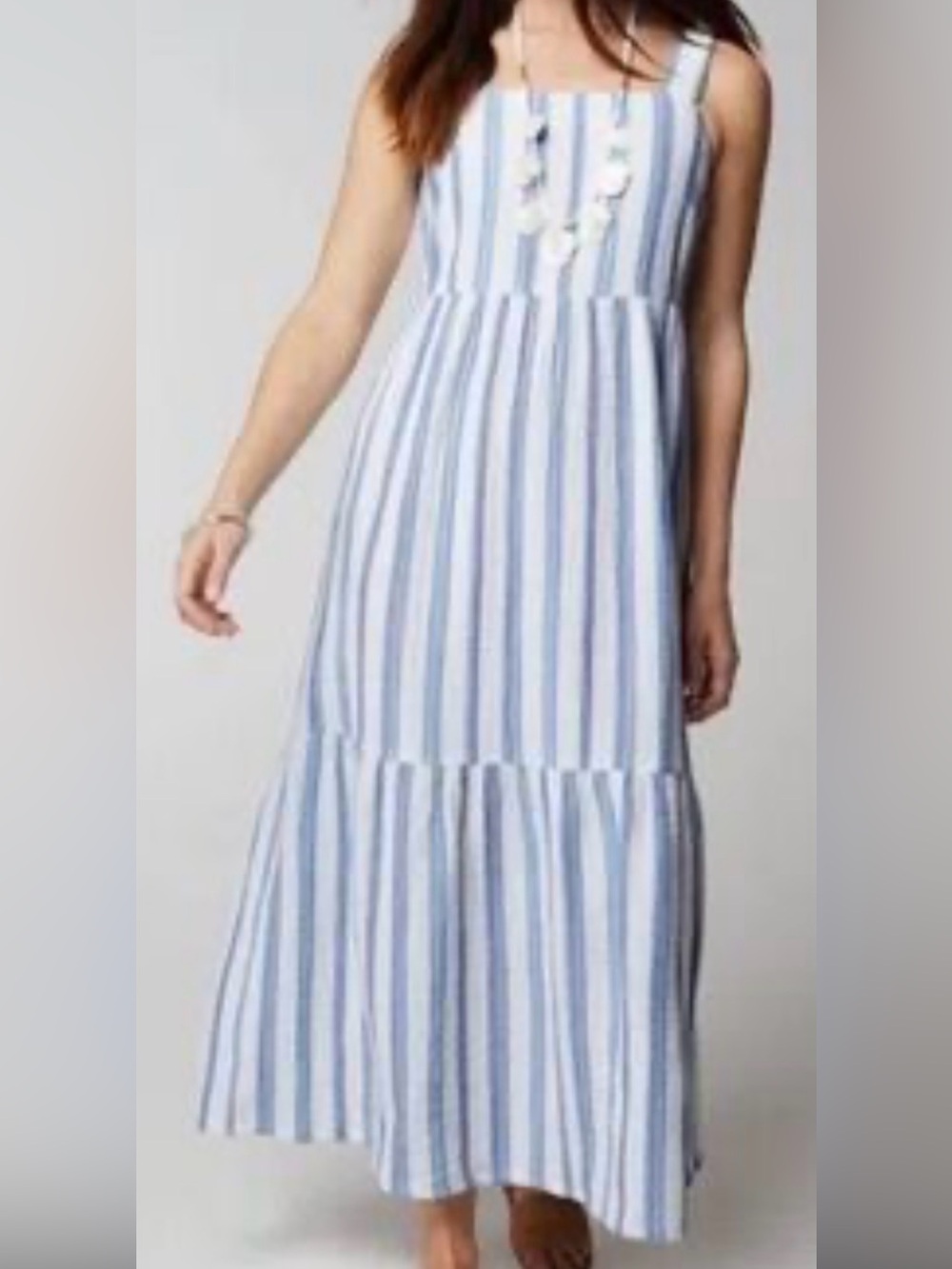 J. Jill NWT Light Blue and White Striped Tiered Maxi Dress pit-pit 21 (mix41) - Picture 1 of 8